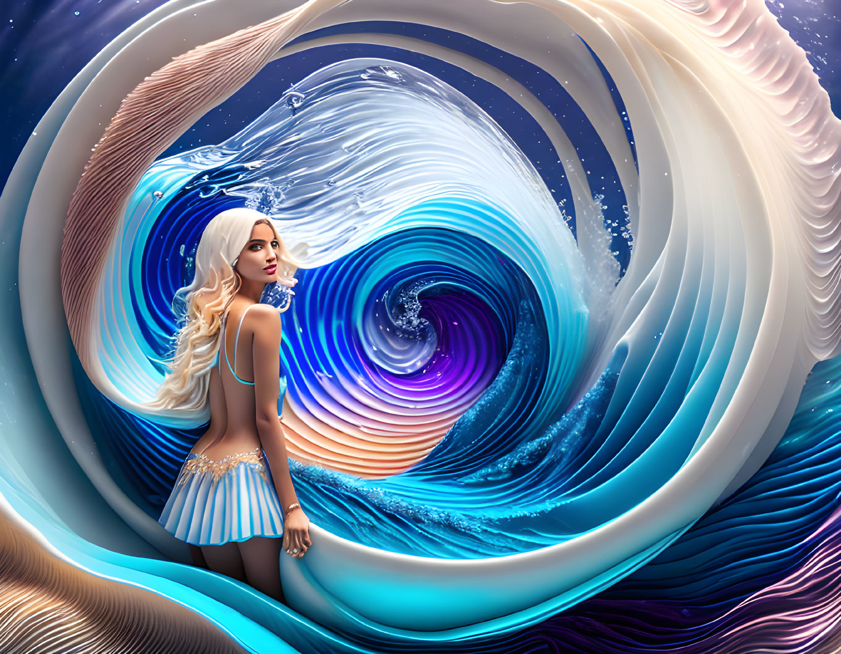 Silver-haired woman in aquatic-themed dress merging with surreal waves