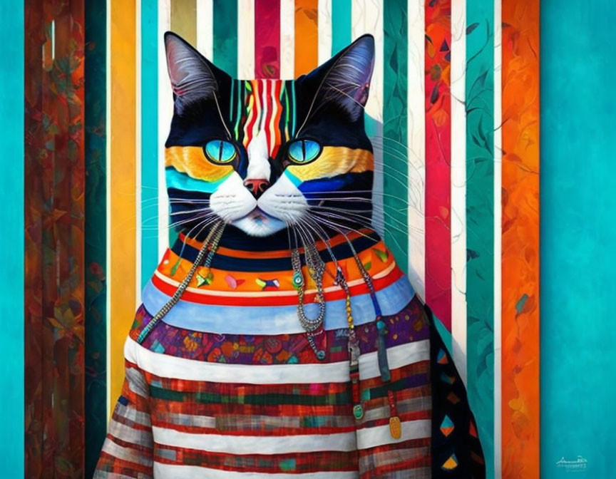 Colorful Cat Artwork with Human-Like Posture and Striped Outfit