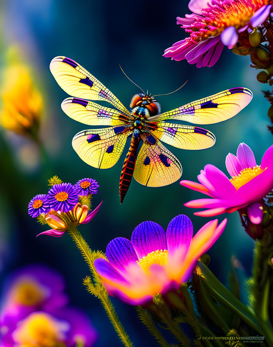 Colorful Butterfly Resting on Pink Flower Amongst Vibrant Blooms