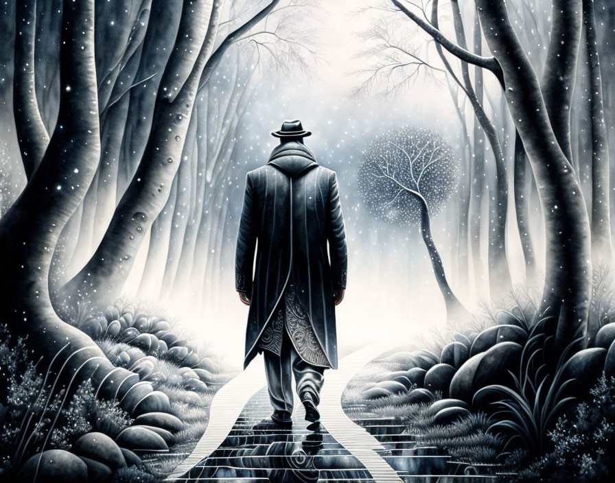 Solitary figure walking on cobblestone path in snowy forest