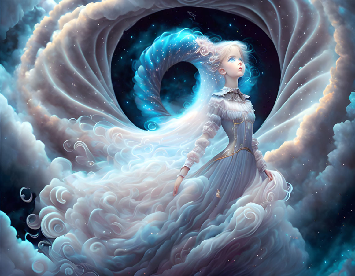 Digital artwork: Woman in vintage dress surrounded by swirling galaxy clouds