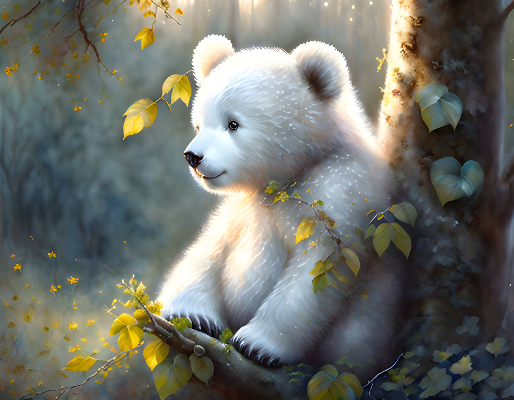 White Bear Cub Illustration Among Yellow Leaves with Soft Glow