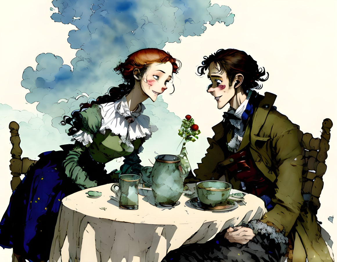 Victorian-era couple at table with flowers and tea set in whimsical setting