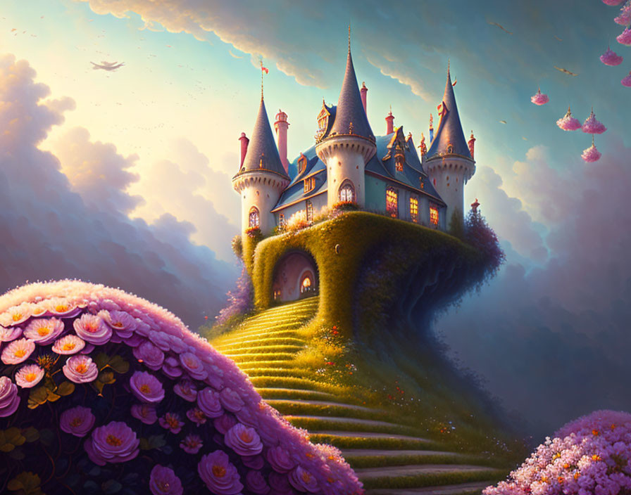 Whimsical castle on floral hill under pastel sky with birds and glowing windows