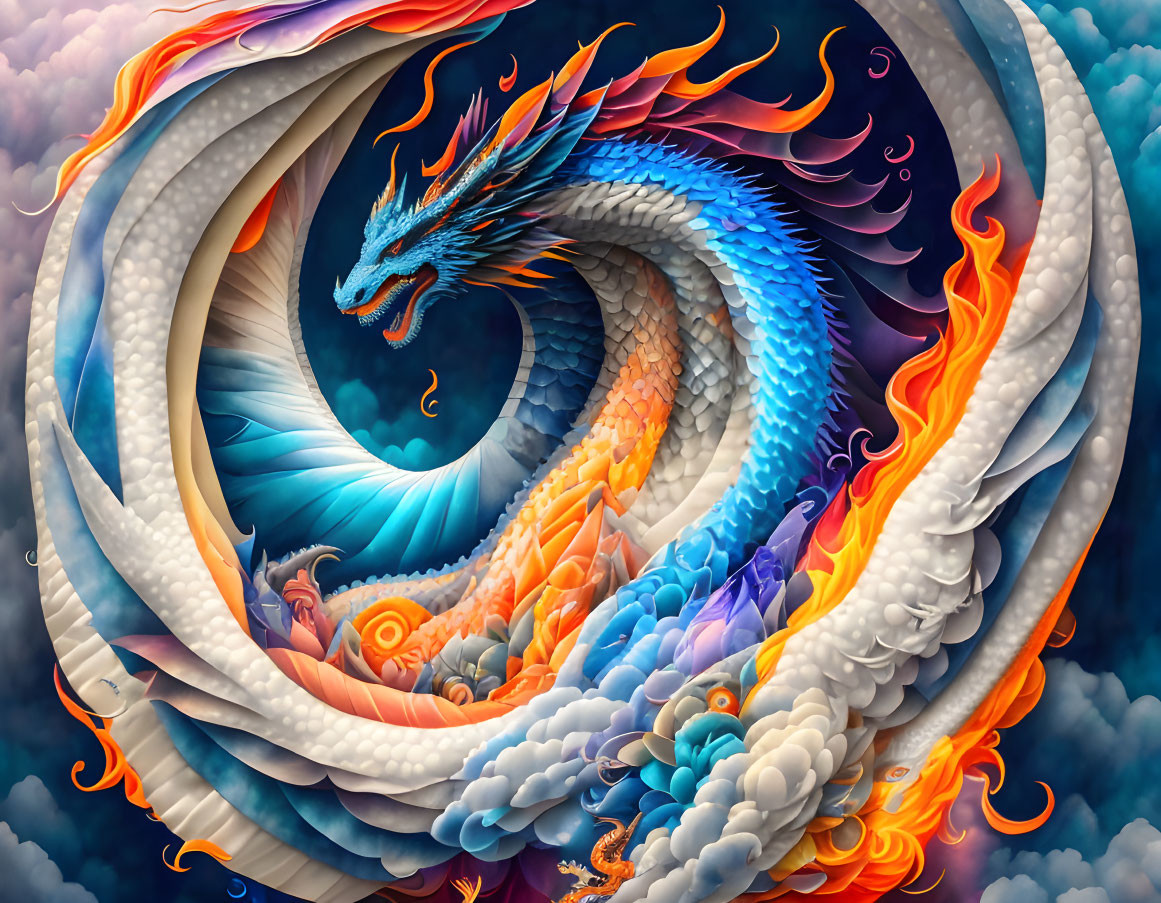 Blue dragon digital art: fiery orange wings, coiled in spiral, stormy sky.
