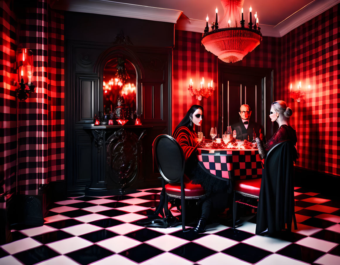 Elegant individuals at checkered table in red and black themed room