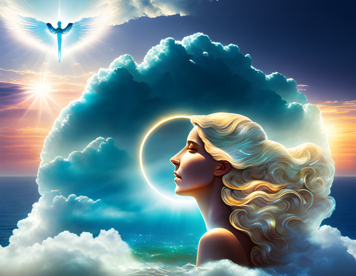 Surreal woman's profile with flowing hair and glowing halo in radiant sunlight