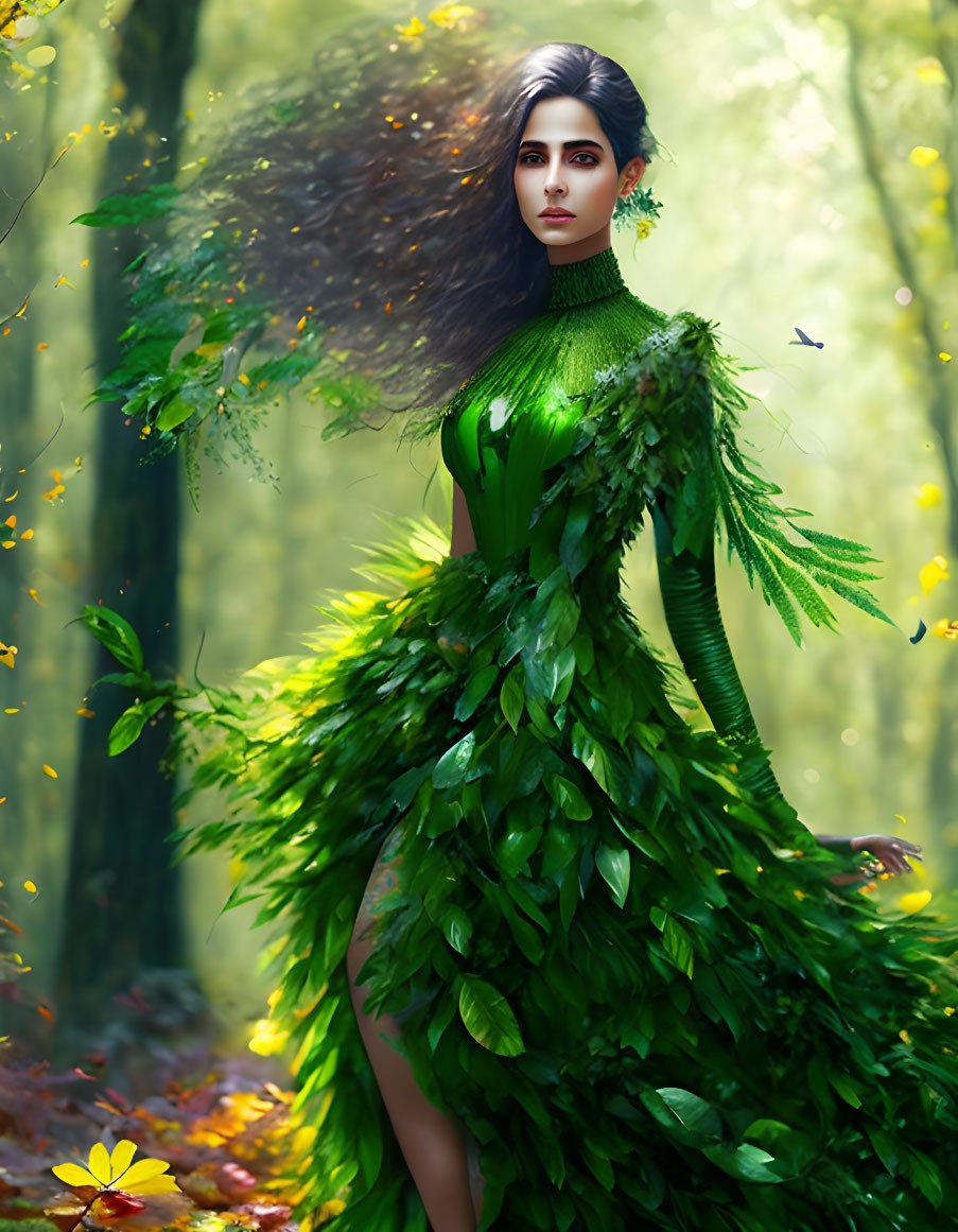 Woman in green leaf dress surrounded by nature and butterfly in misty forest