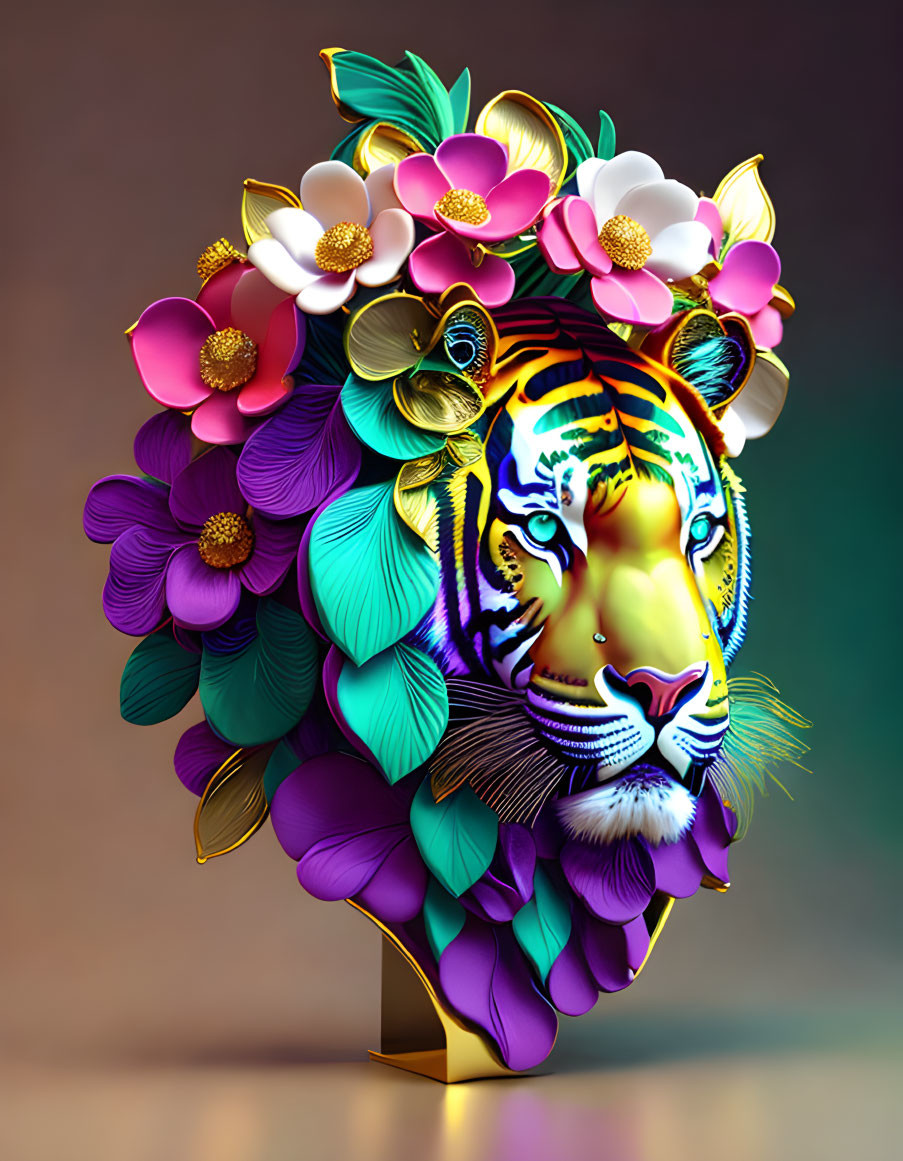 Colorful Tiger Head Illustration with Flowers and Leaves