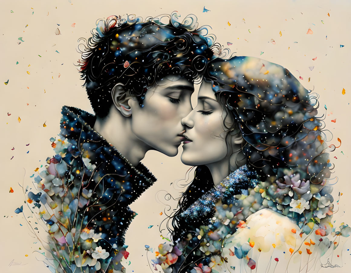 Romantic couple kissing in cosmic and floral fantasy scene