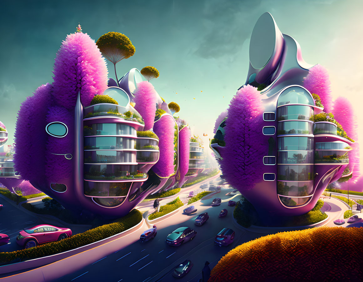 Futuristic cityscape with organic-shaped buildings and lush purple vegetation