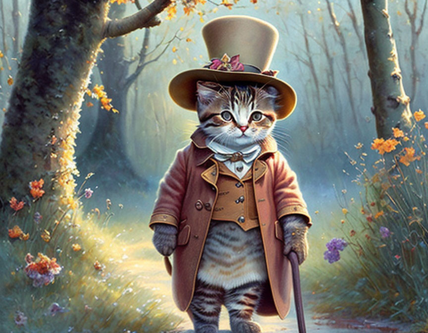 Anthropomorphic cat in elegant attire on forest path