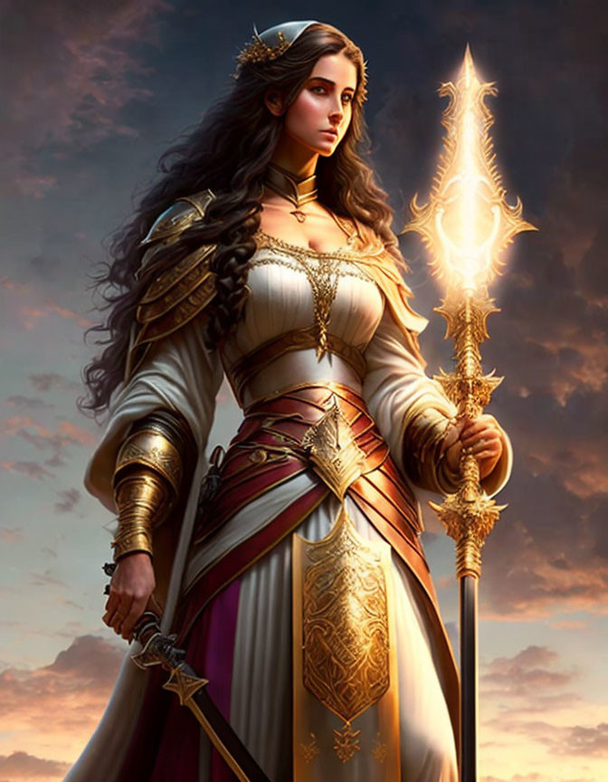 Regal woman in medieval armor with glowing staff against dramatic sky
