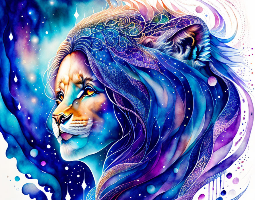 Vibrant lion illustration with cosmic and floral elements