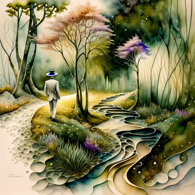Person in Suit and Hat on Whimsical Path in Fantastical Forest