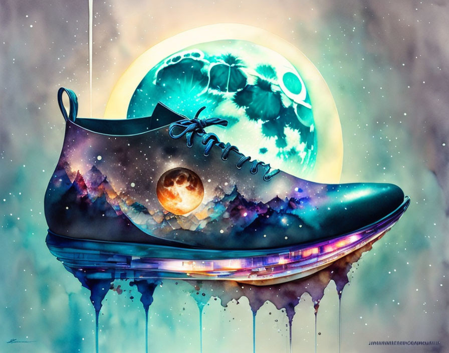 Cosmos-themed shoe digital artwork with starry sky and melting effect