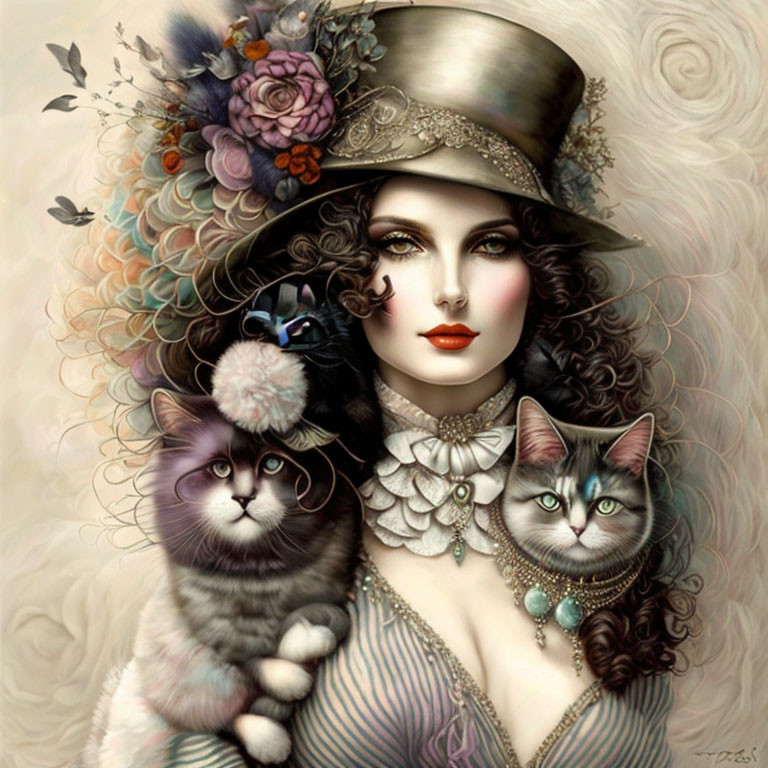 Pretty lady with two pet cats