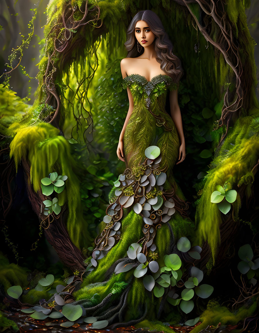 Woman in forest-themed dress blending with green and brown tones