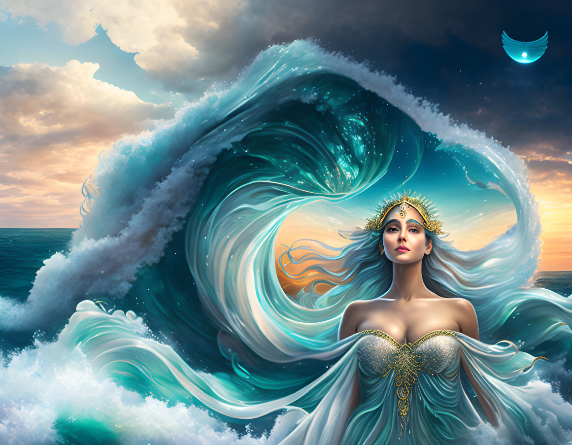 Mystical woman with crown emerges from intricate ocean wave under twilight sky