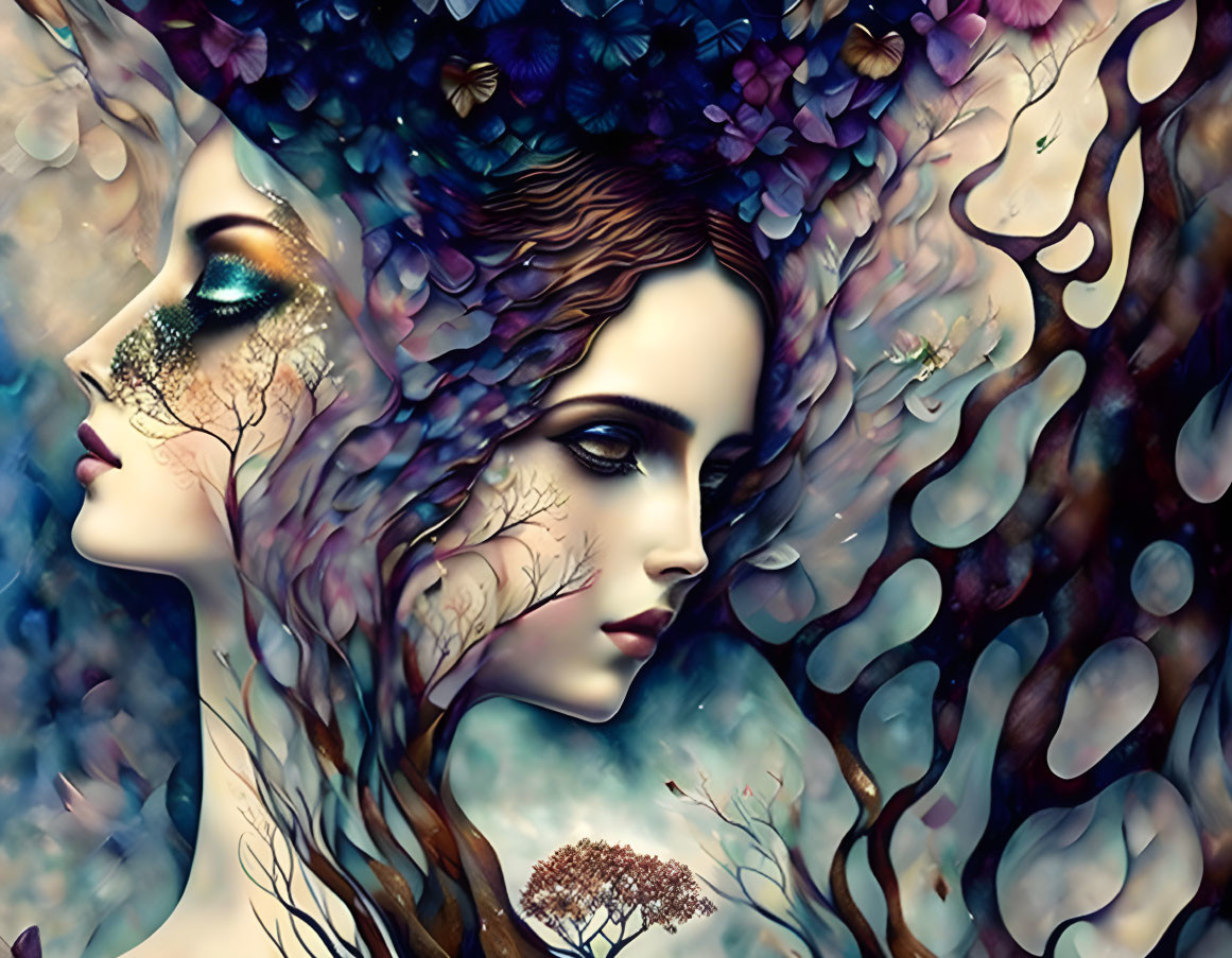 Woman with tree-like hair adorned with flowers and leaves in a fantastical nature scene