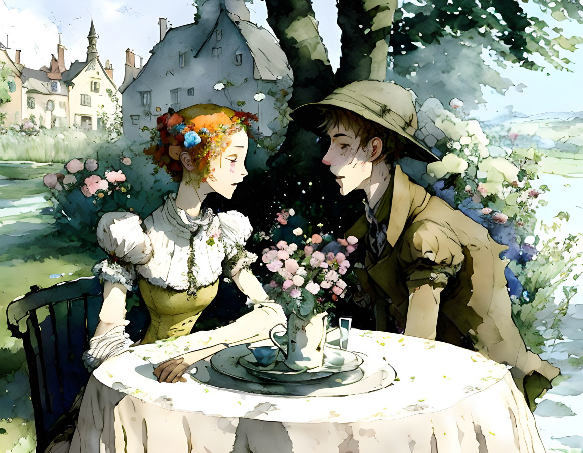 Vintage Attired Couple Sitting Outdoors at Small Table in Illustrated Scene