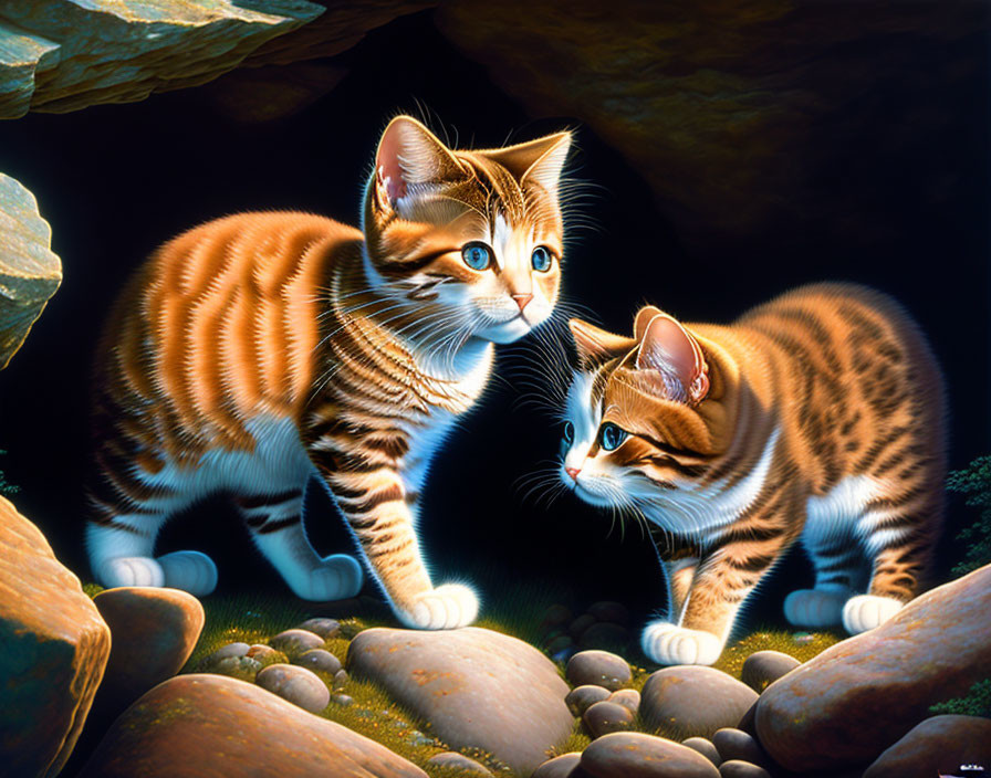 Two Striped Tabby Kittens with Bright Blue Eyes Exploring Dimly Lit Rocky Area