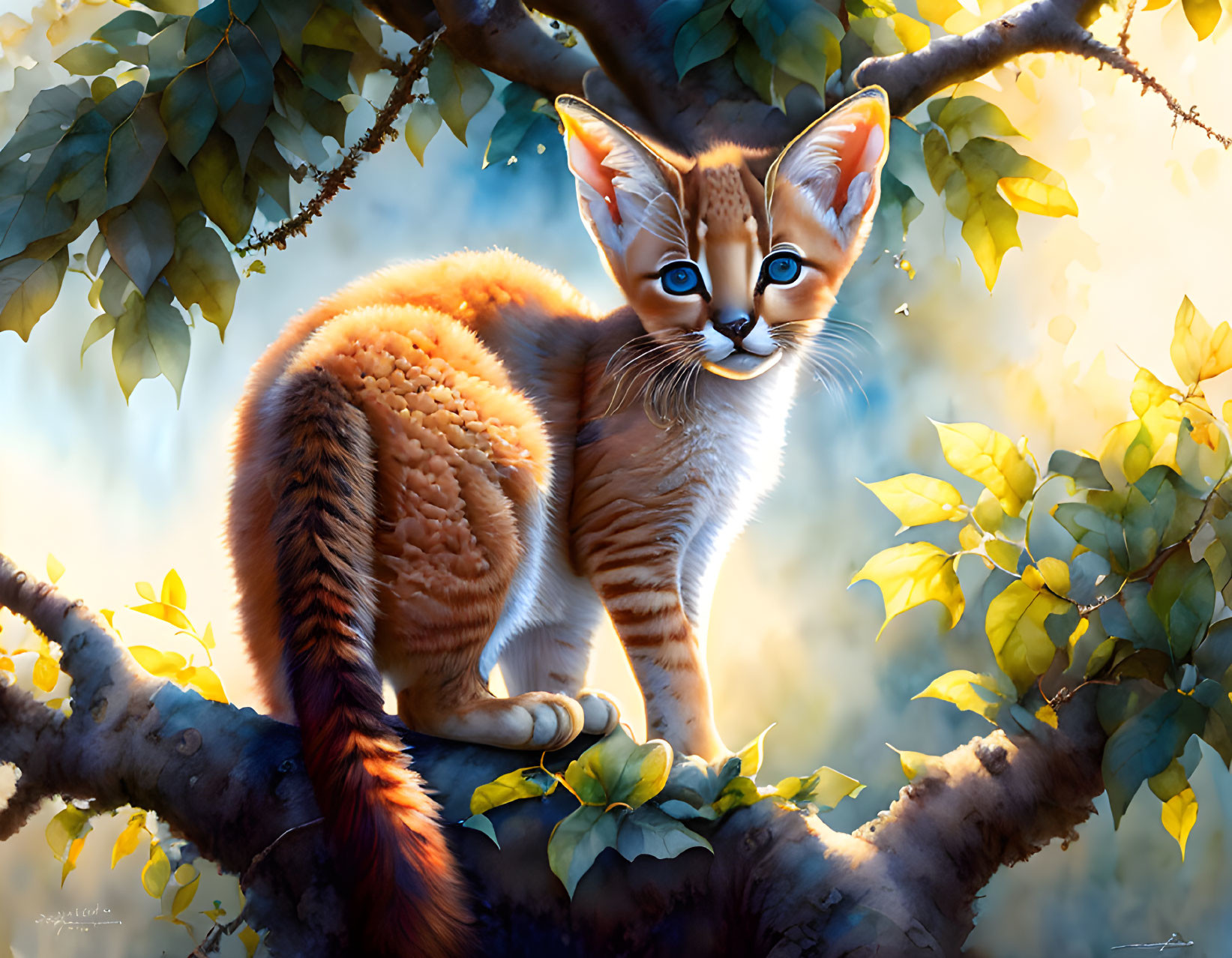 Illustration of orange-striped kitten on tree branch with blue eyes in sunlight