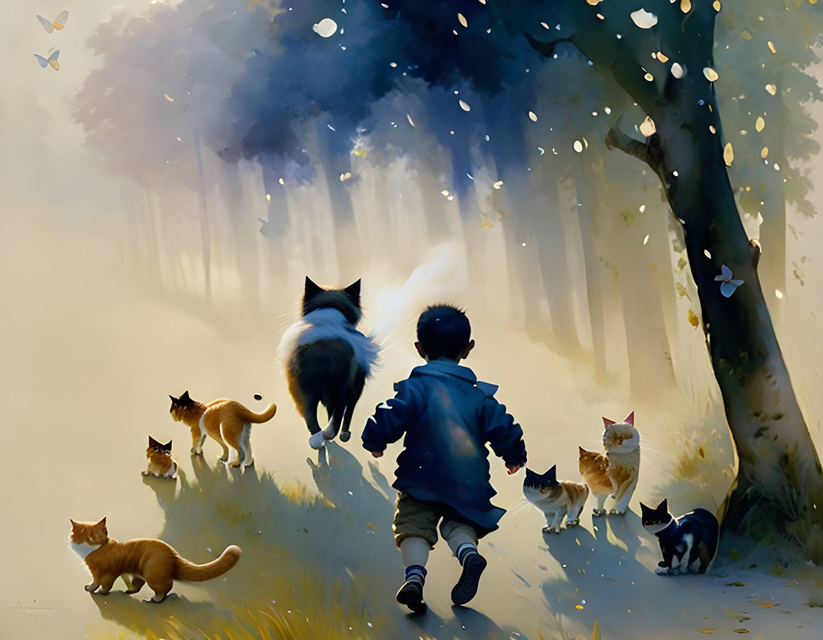 Boy running in sunlit forest with cats, leaves, and butterflies