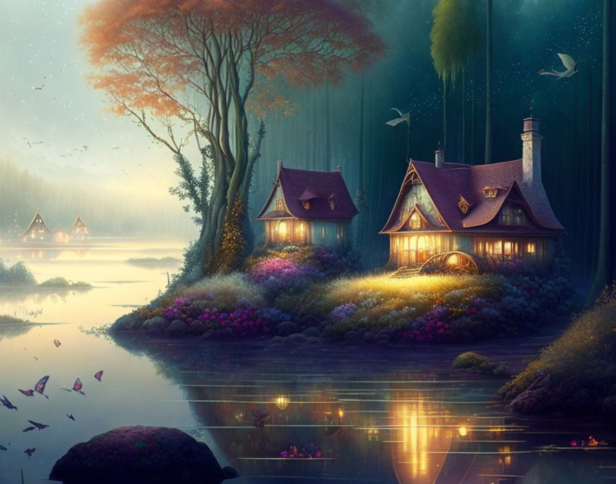Tranquil twilight landscape of fairytale cottages by a serene lake
