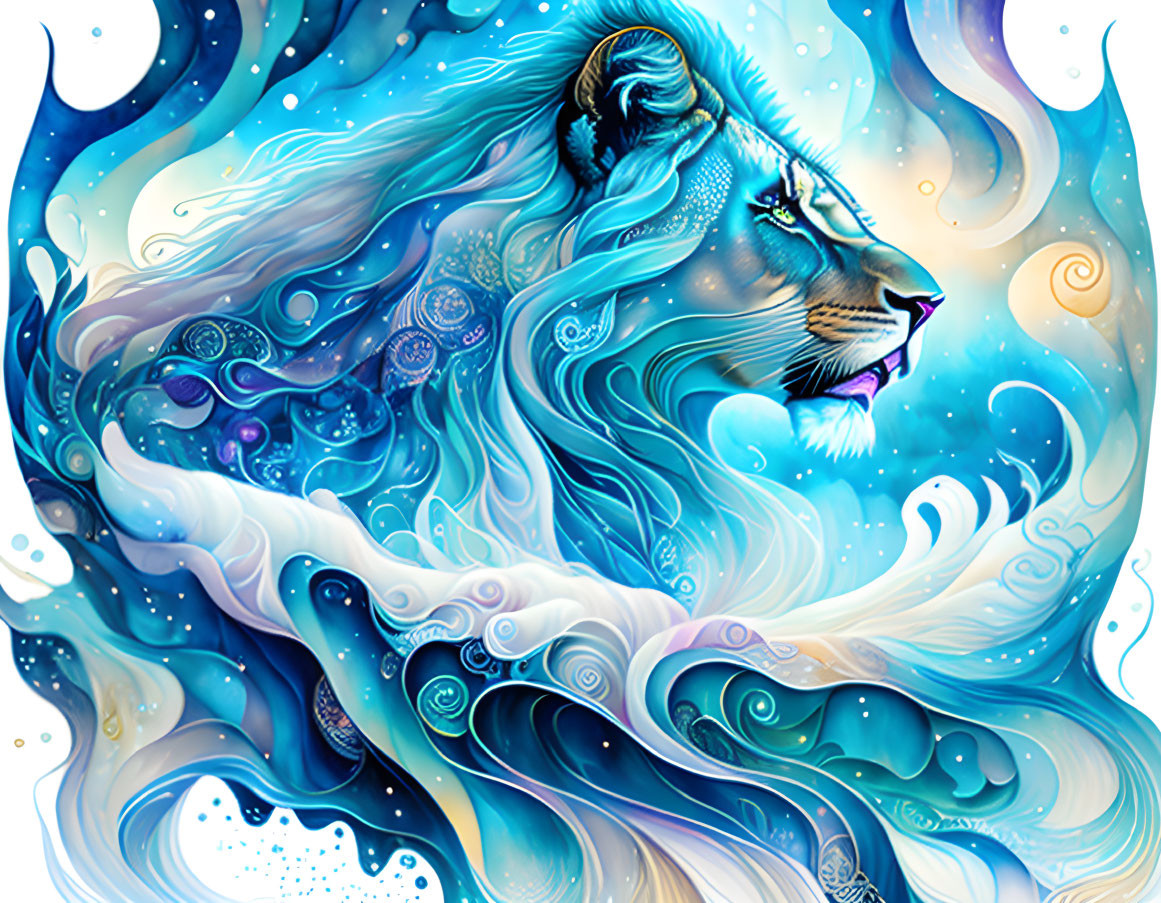 Colorful lion illustration with blue and white mane and cosmic elements.