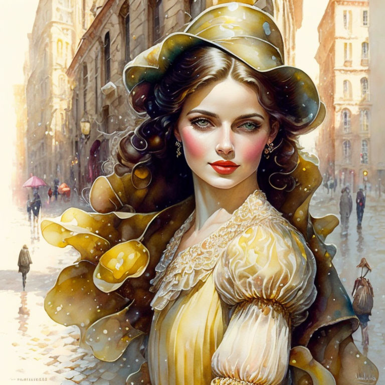 Vintage woman in wide-brimmed hat on busy city street