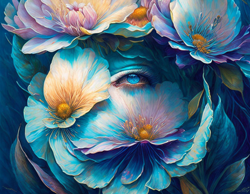 Surreal blue eye surrounded by vibrant flowers