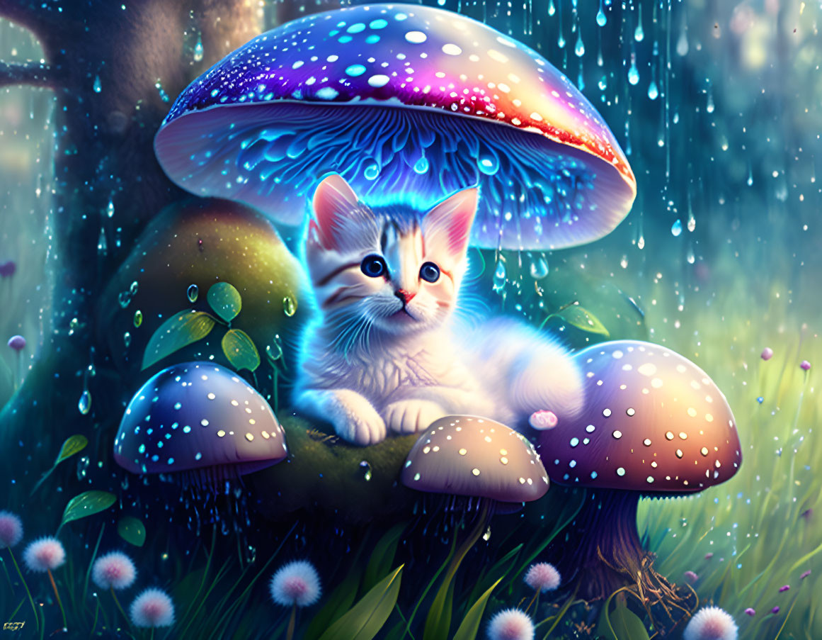  Kitten taking shelter under a mushroom