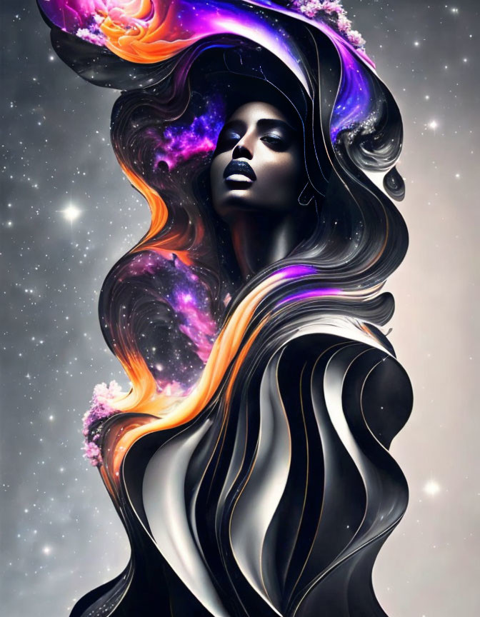 Digital artwork: Woman with cosmic features in vibrant galaxy colors