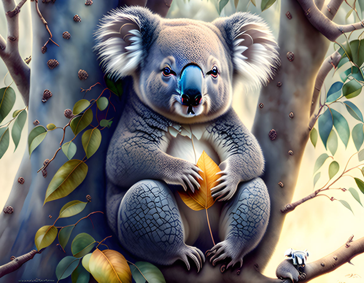 Detailed Koala Illustration with Eucalyptus Tree Branch and Bird