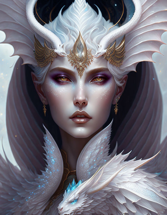 Fantasy illustration of a pale woman with purple eyes, white hair, golden accessories, feathers, and