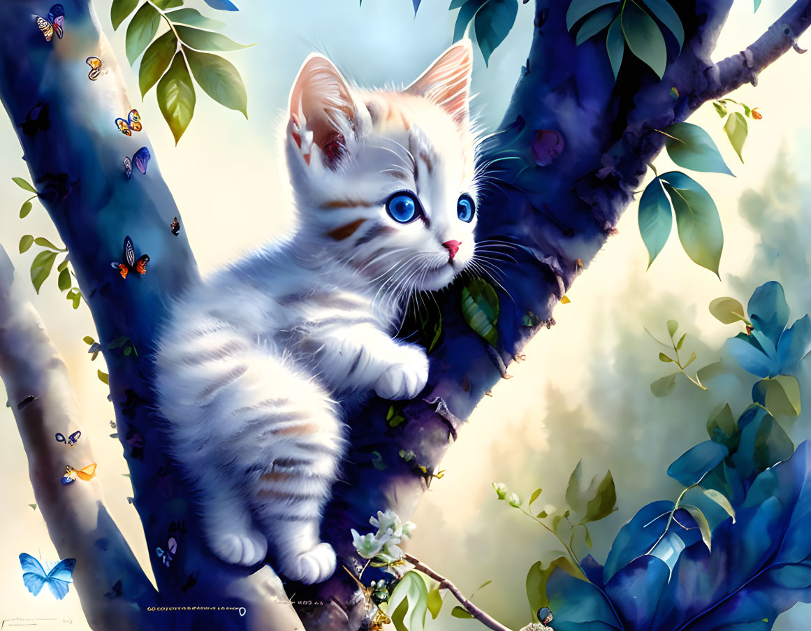 White Kitten with Blue Eyes on Tree Branch with Butterflies and Green Foliage