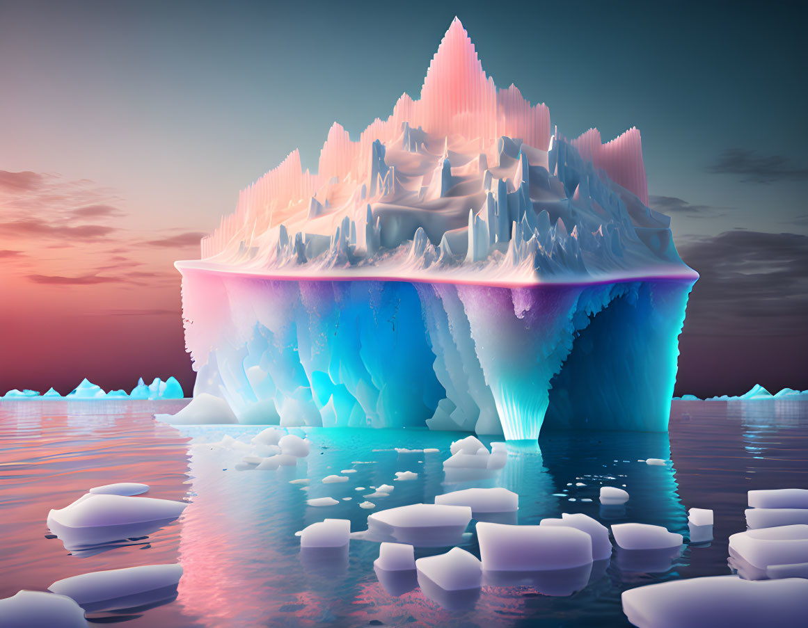 Colorful surreal iceberg in calm waters at sunset