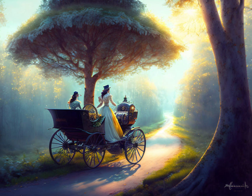 Vintage horse-drawn carriage with passengers in sunlit forest path.