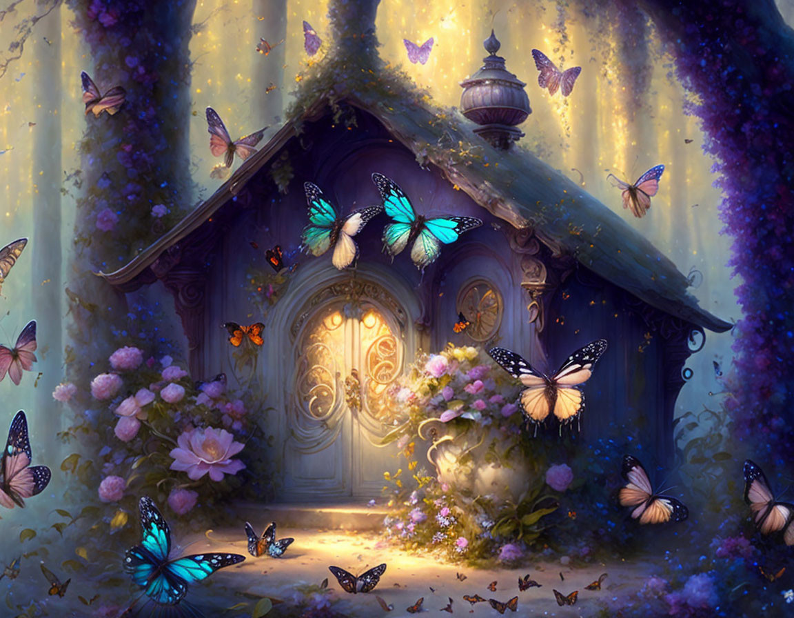 Whimsical forest scene with enchanting door, flowers, and butterflies