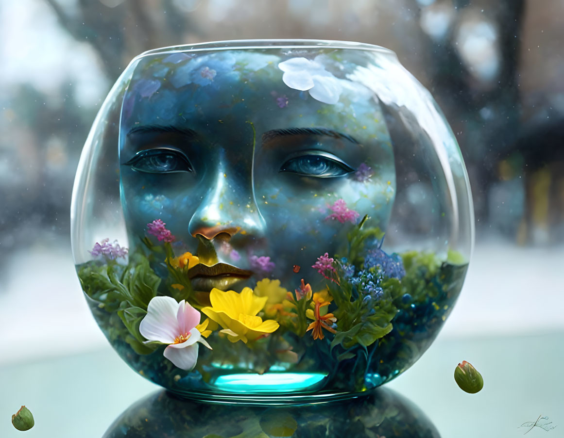 Surreal glass bowl with cosmic face and vibrant flowers - nature and universe fusion