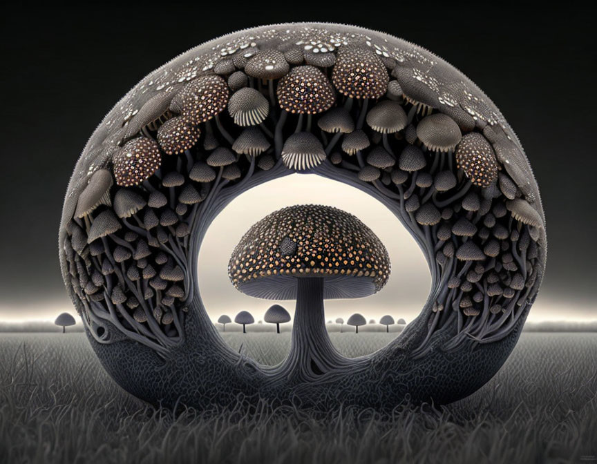 A field of intricate mushrooms 