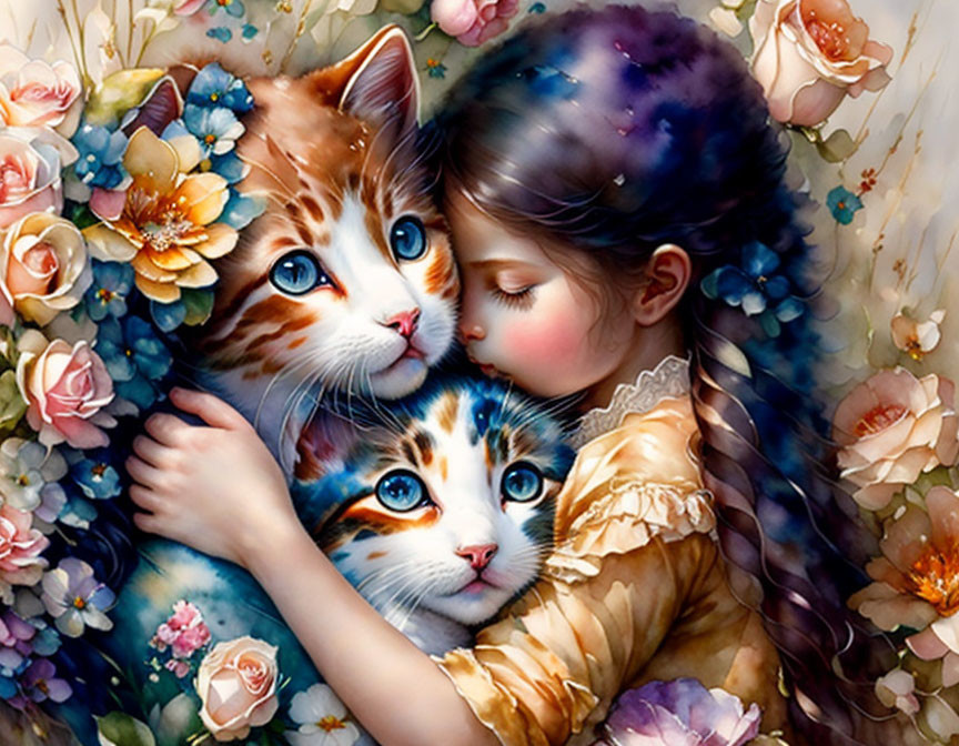 Girl in Yellow Dress Embracing Two Cats in Floral Setting