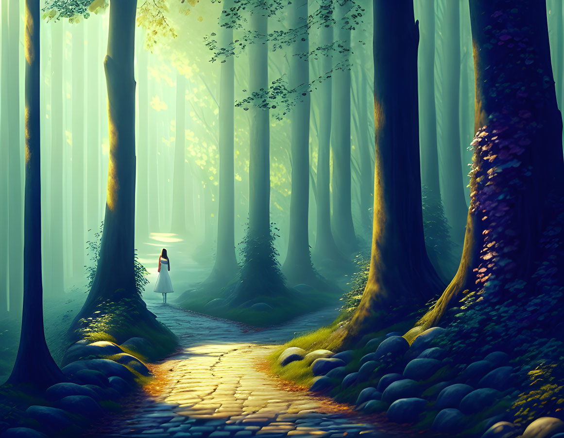 Enchanting forest scene with cobblestone path