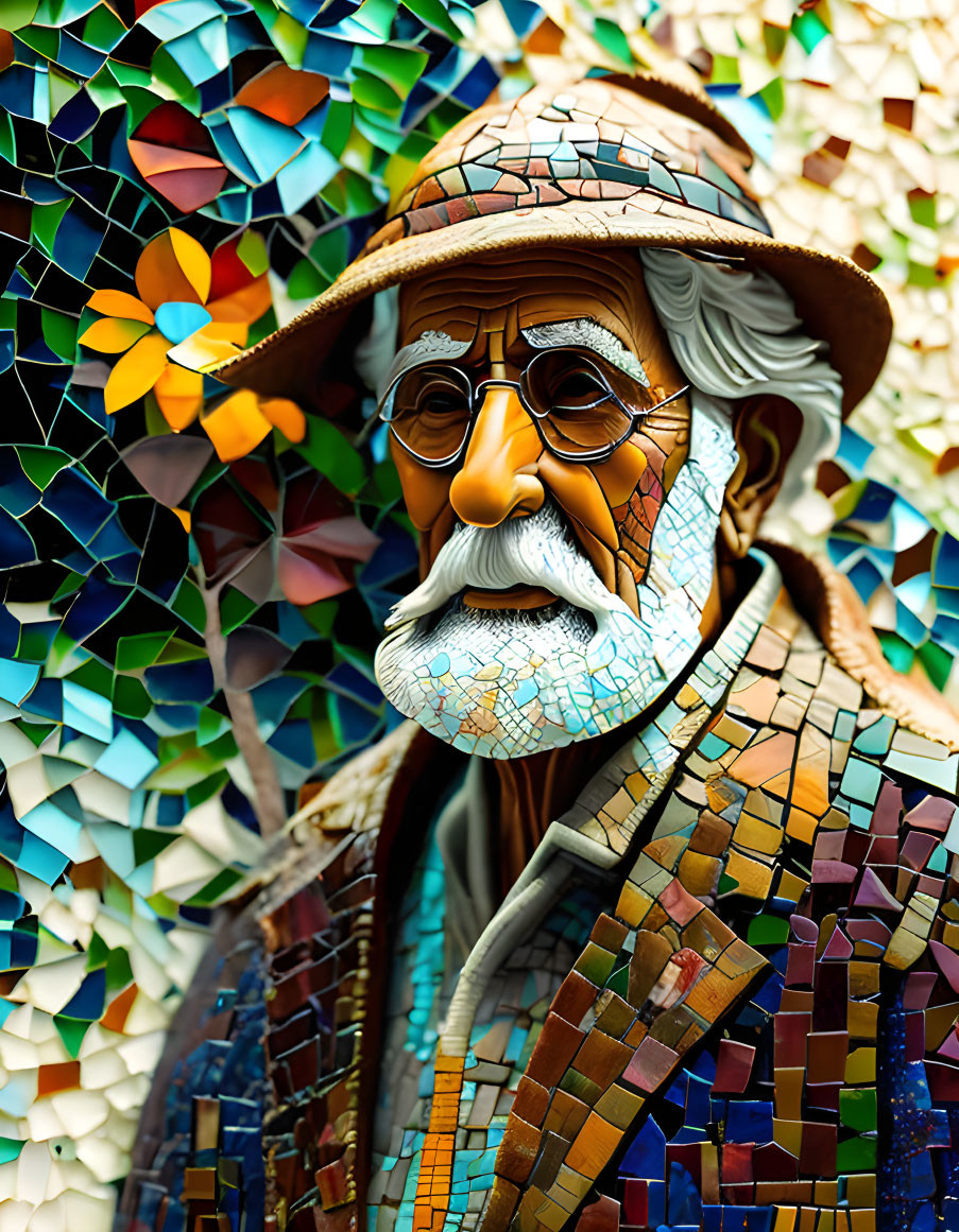 Colorful Mosaic Sculpture Featuring Elderly Man with Hat, Glasses, and Mustache