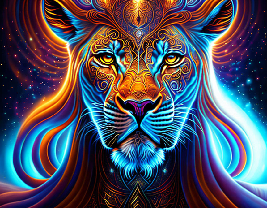 Colorful Psychedelic Lion Illustration with Cosmic Background