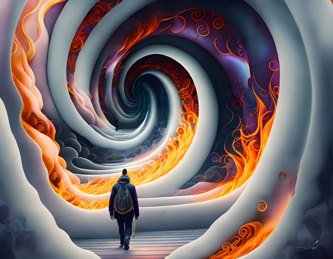 Person walking towards swirling fiery orange and cool blue vortex