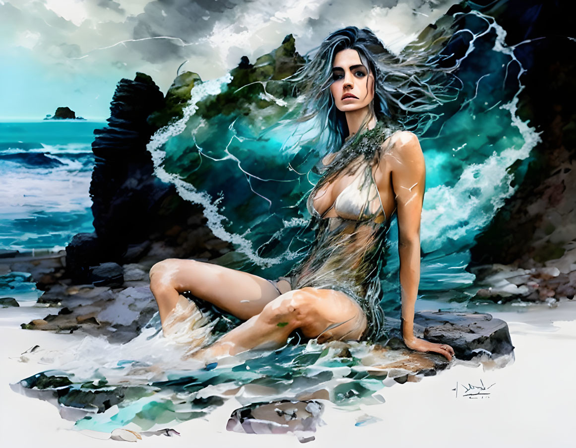 Stylized painting: Woman on rocks by sea with dynamic water & wind.