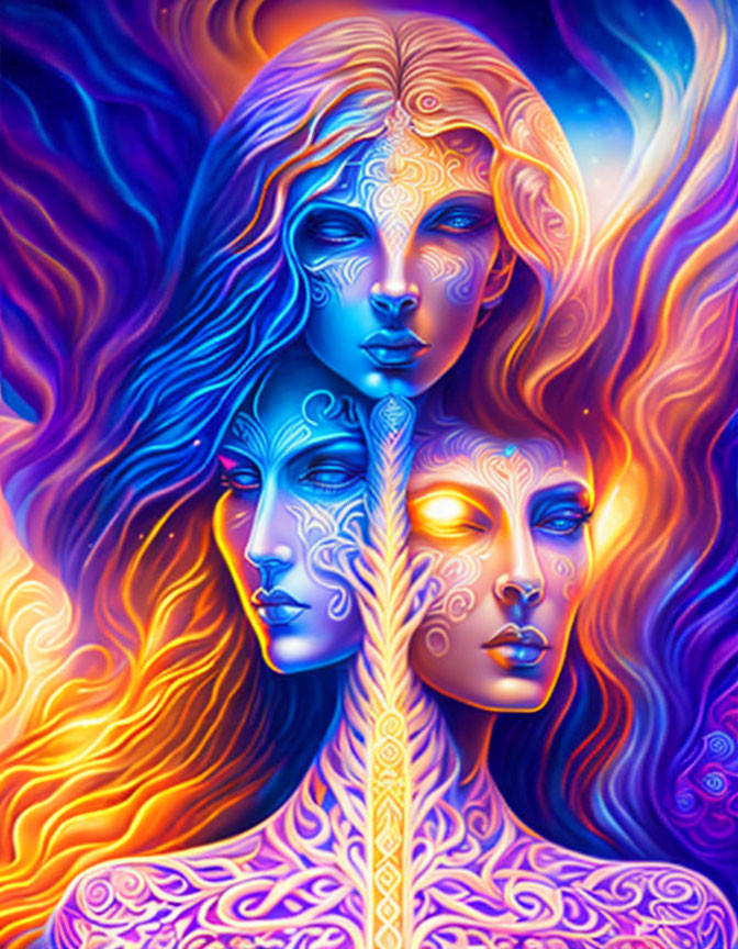 Psychedelic illustration of three faces with intricate patterns on colorful cosmic backdrop