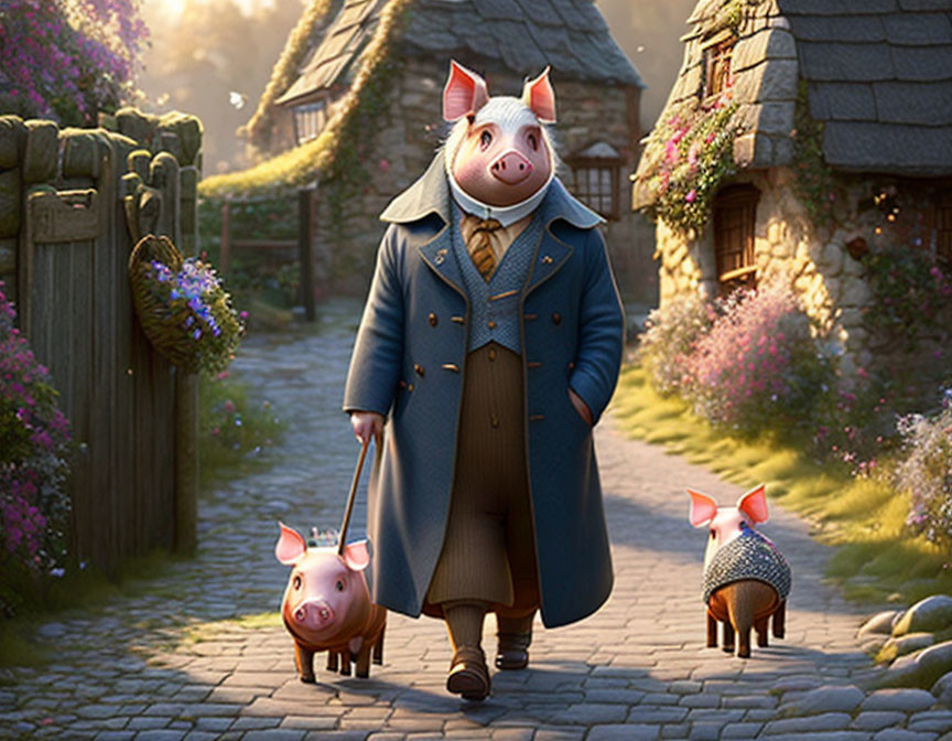 Anthropomorphic pig with piglets in village at sunrise